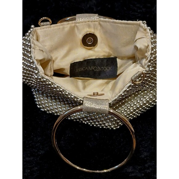 Jessica McClintock Gold Pearl Evening Bag Snap Satin-Lined Wristlet Glamour Chic - Picture 7 of 9